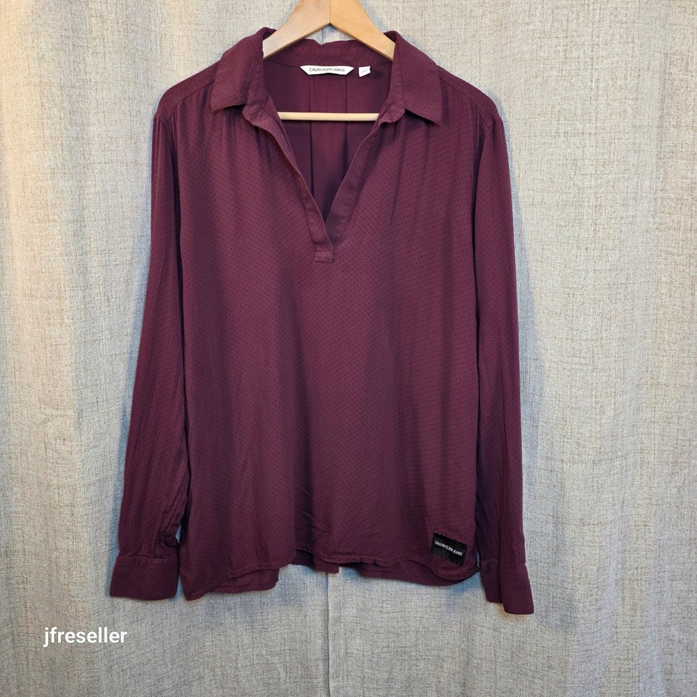 Calvin Klein Jeans Womens Large Burgundy Polka Dot V-Neck Long Sleeve Blouse